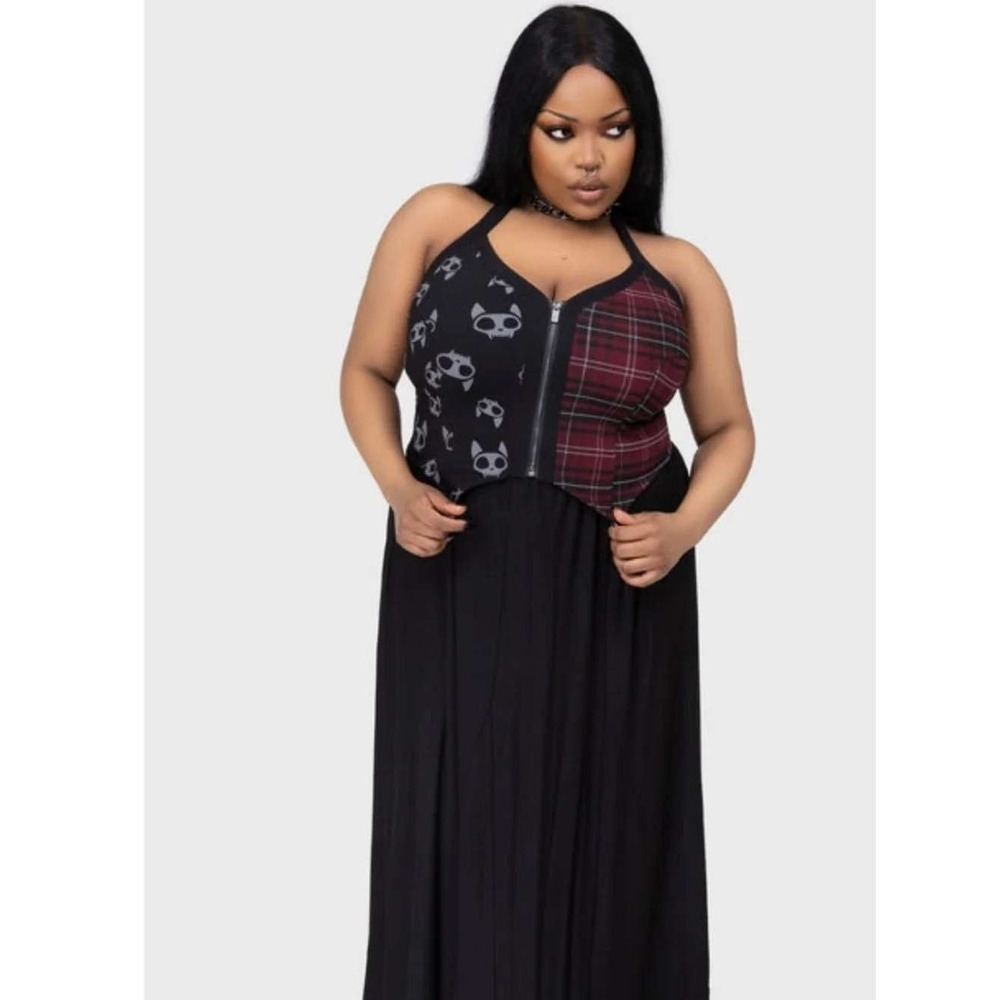 Killstar The Vampurr Halter Top L Gothic Cat Skull Plaid Corset Zip